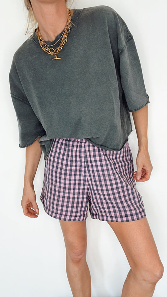 Jamie Gingham Linen Short - Charcoal & Dusty Pink