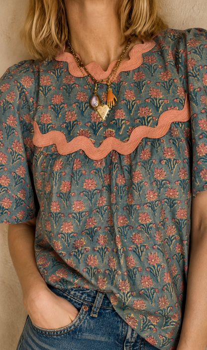 Tatty Ric Rac Cotton Top - Washed Teal Print