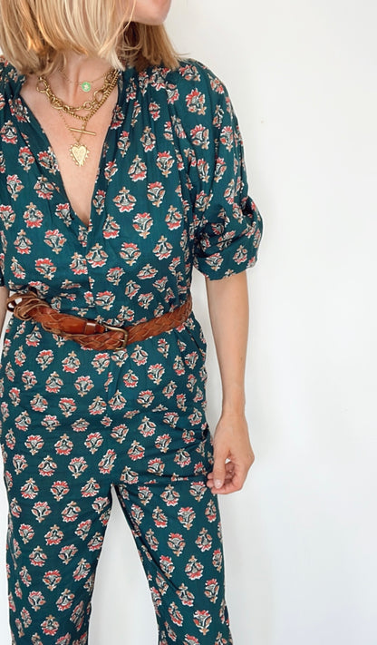 Beth Bow Cuff Cotton Block Printed Jumpsuit - Dark teal