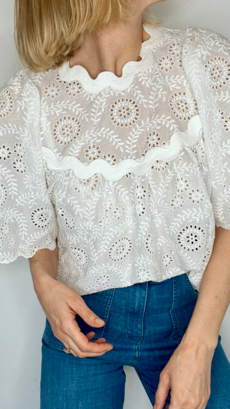 *PRE-ORDER* Ric Rac Floral Broderie Cotton Top - White