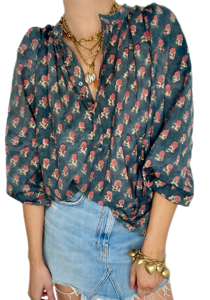Tabby Half Placket Organic Cotton Pop-Over Top - Washed Teal Print