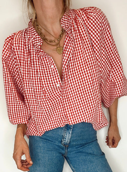 Cherry Gingham Detachable Tie Neck Cotton Shirt - Cherry Red & White