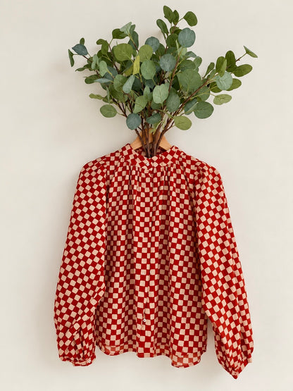 Check It Out Detachable Tie Neck Cotton Shirt - Red Earth