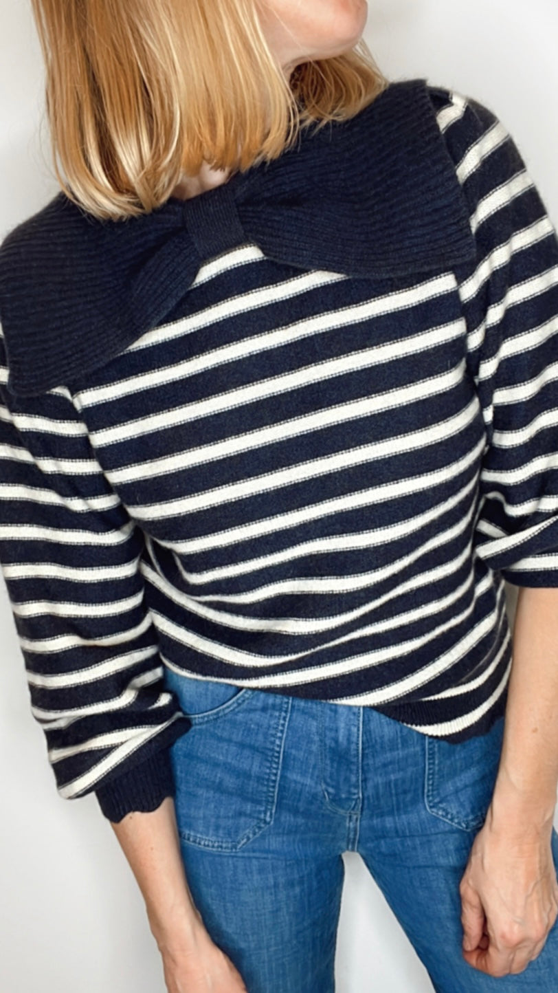 Bow Collar Stripe Jumper - Navy & Ecru