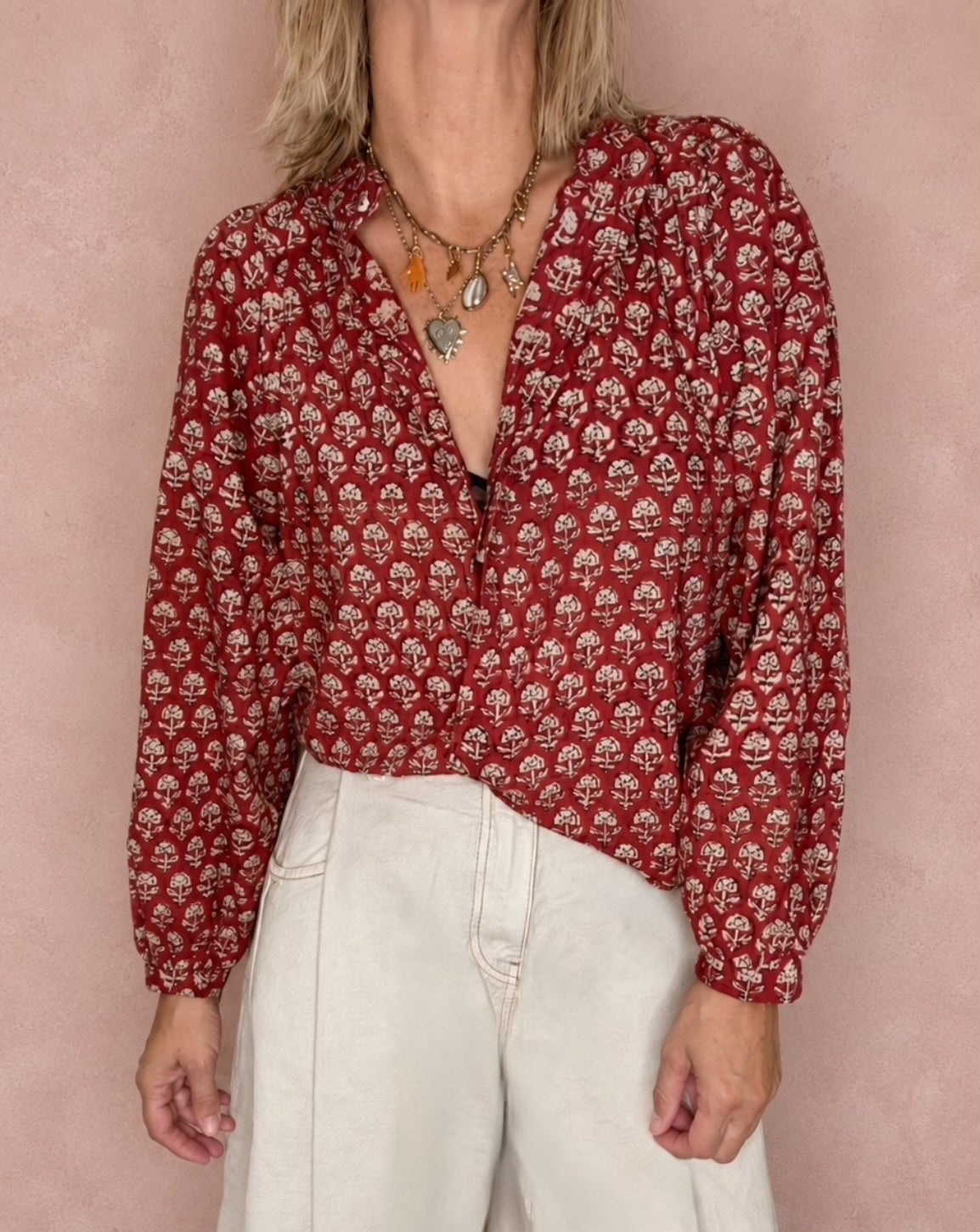 Ruby Detachable Tie Neck Cotton Shirt - Red Earth Print