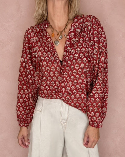Ruby Detachable Tie Neck Cotton Shirt - Red Earth Print
