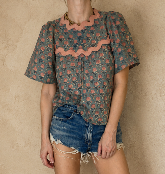 Tatty Ric Rac Cotton Top - Washed Teal Print
