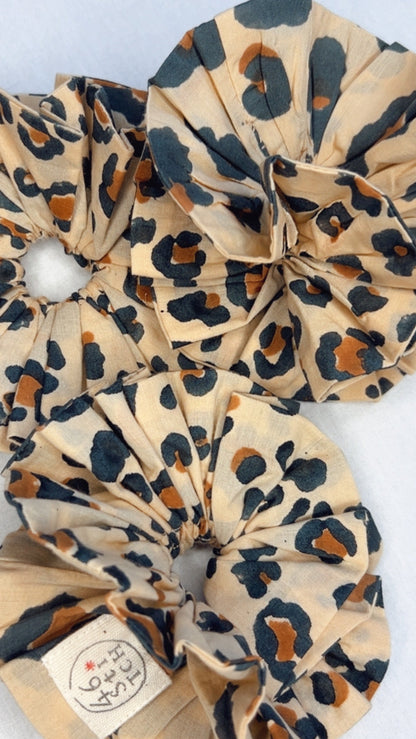 Animal Print Double Layer, Reversible Cotton Scrunchie - Sand