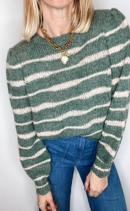 Irregular Stripe Chunky Knit Jumper - Forest Green & Blossom