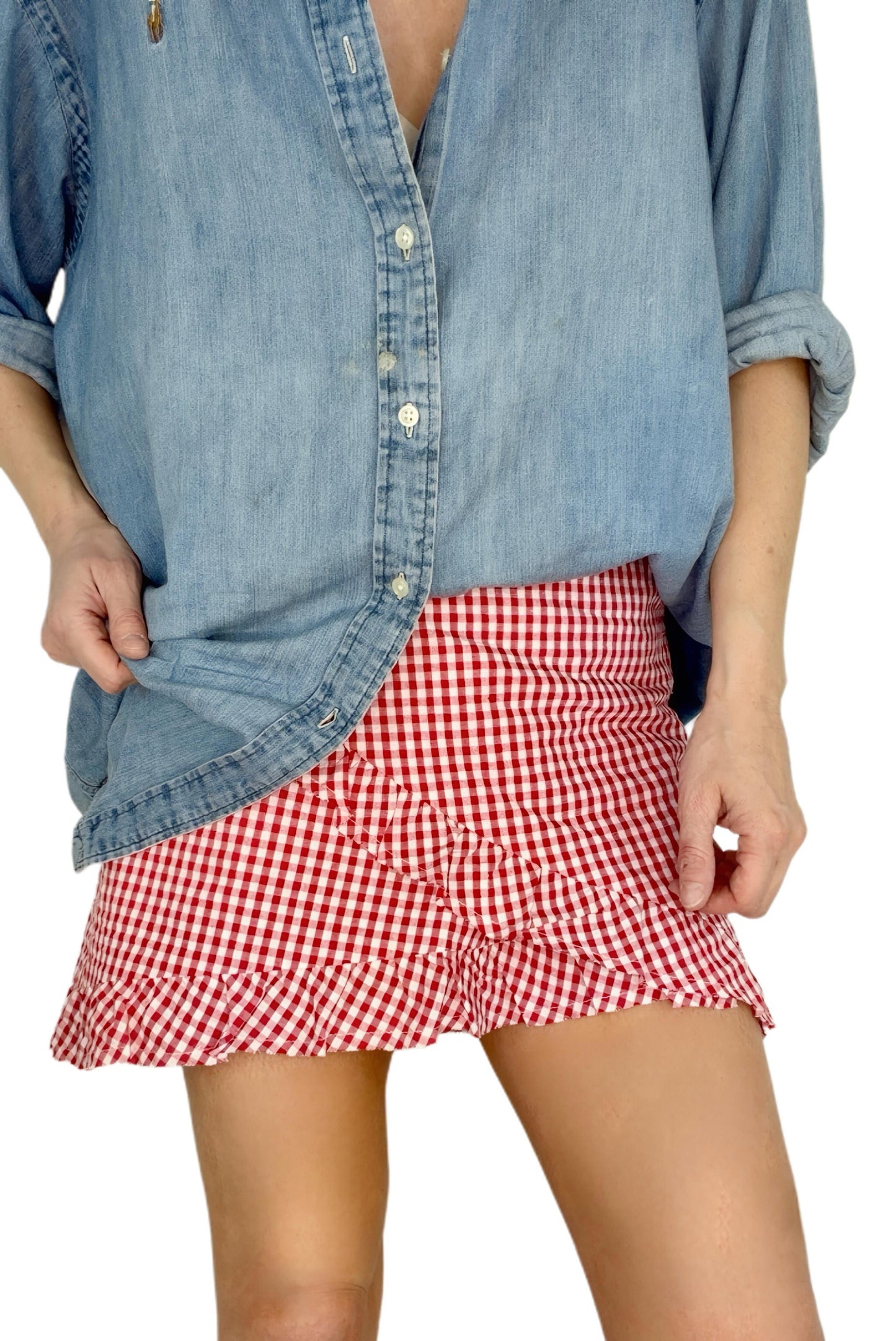 Ginny Gingham Frilly Edge Cotton Wrap Mini Skirt - Chilli Red
