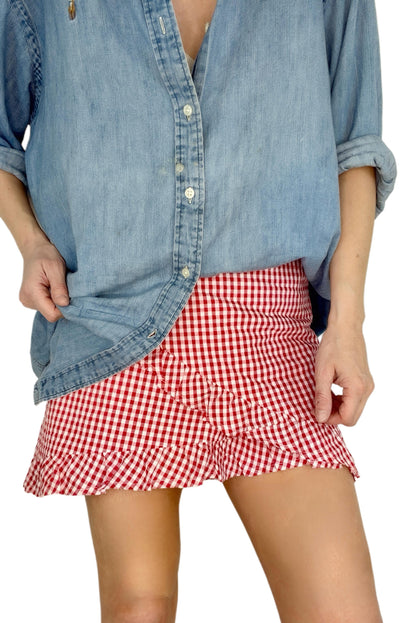 Ginny Gingham Frilly Edge Cotton Wrap Mini Skirt - Chilli Red