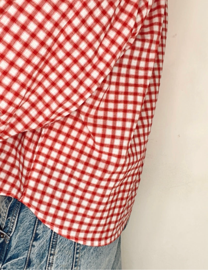 Cherry Check Detachable Tie Neck Cotton Shirt - Cherry Red