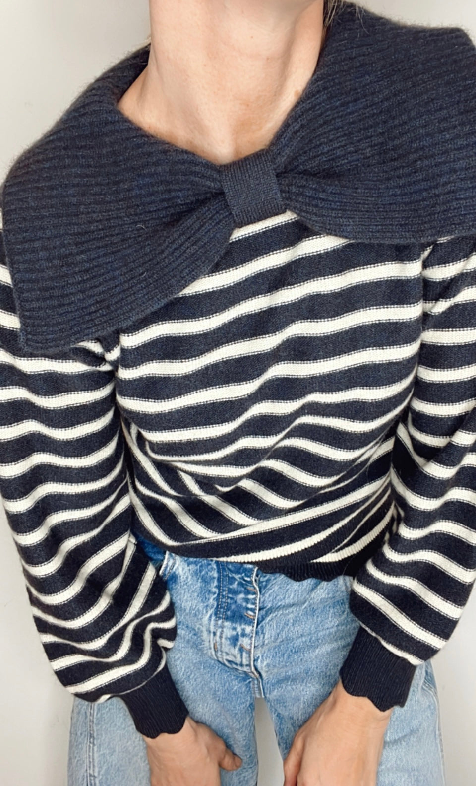 Bow Collar Stripe Jumper - Navy & Ecru