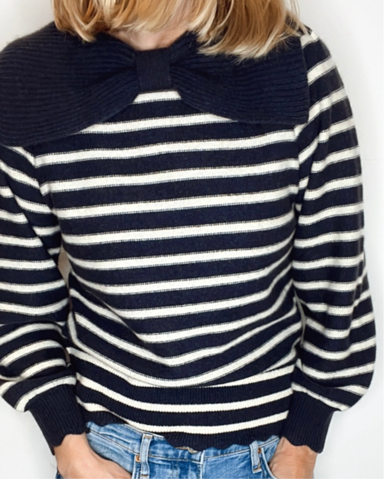Bow Collar Stripe Jumper - Navy & Ecru
