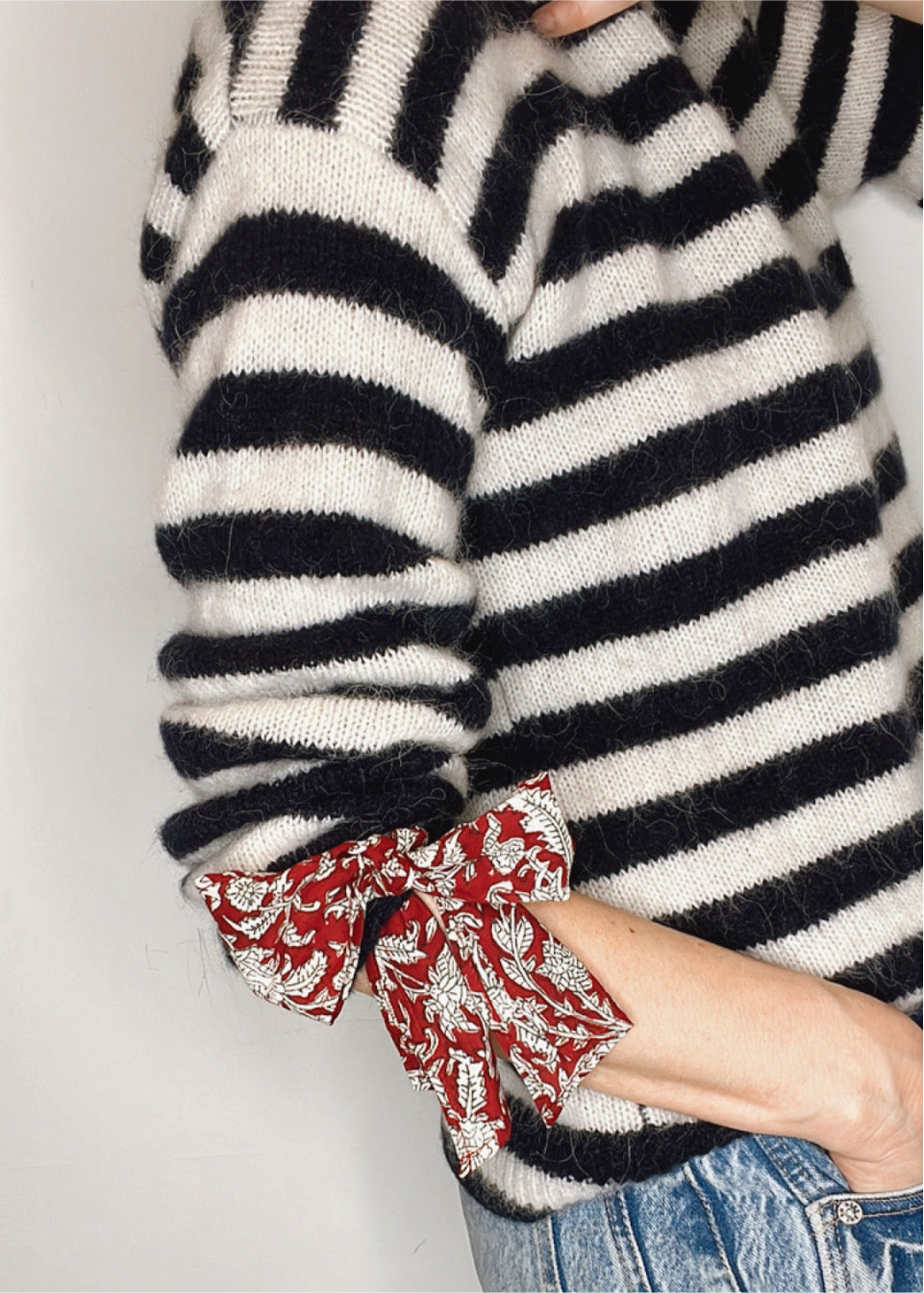 Interchangeable Bow Cuff Stripe Jumper - Dark Navy and Cream