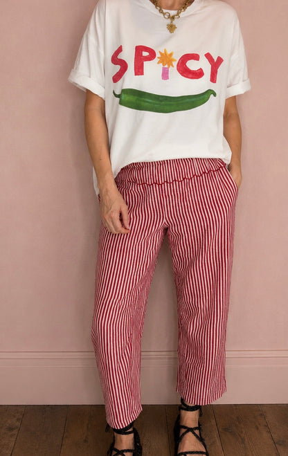 Reggi Elasticated Waist Peplum Barrel Leg Trouser - Deep Red & White