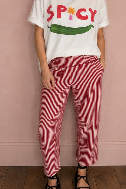Reggi Elasticated Peplum Waist Cropped Barrel Leg Trouser - Deep Red & White