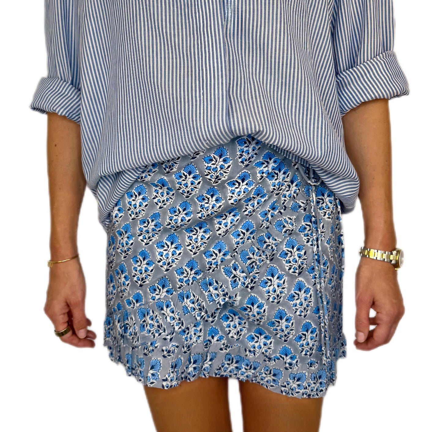 Sienna Frilly Edge Cotton Wrap Mini Skirt - Dusty Blue Green