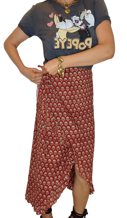 Ruby Frilly Edge Cotton Wrap MIDI Skirt - Ruby Red