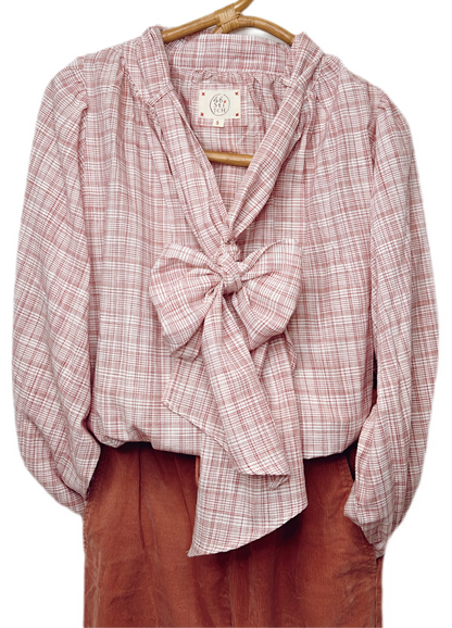 Cheska Check Detachable Tie Neck Cotton Shirt - Rosewood