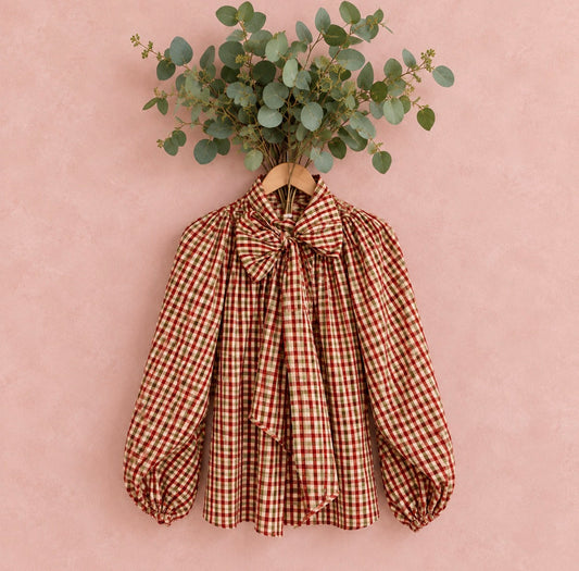 Autumn Gingham Detachable Tie Neck Cotton Shirt - Merlot Multi