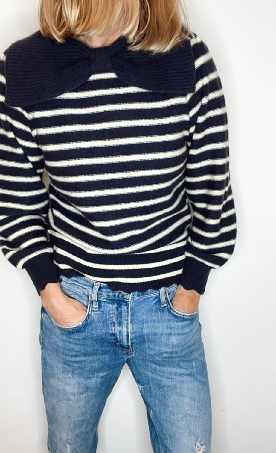 Bow Collar Stripe Jumper - Navy & Ecru