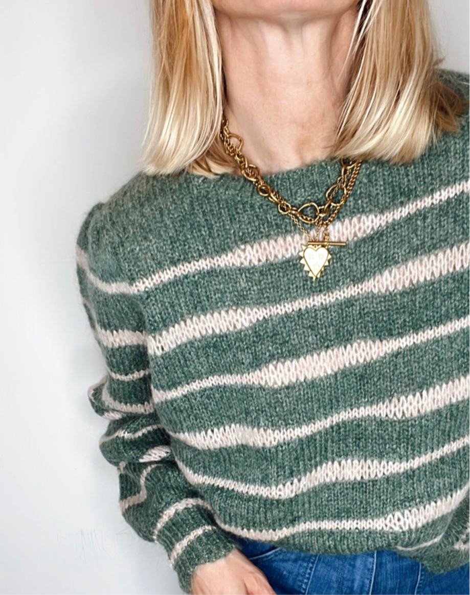 Irregular Stripe Chunky Knit Jumper - Forest Green & Blossom