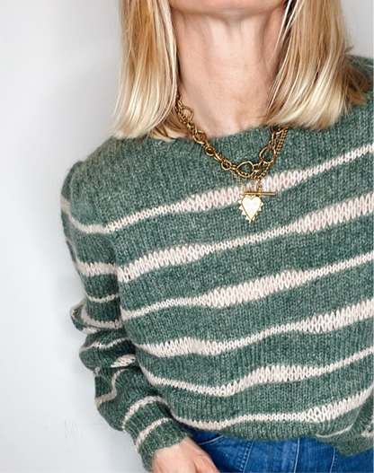 Irregular Stripe Chunky Knit Jumper - Forest Green & Blossom