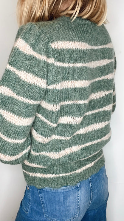 Irregular Stripe Chunky Knit Jumper - Forest Green & Blossom