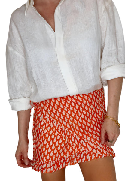 Mandardin Frilly Edge Cotton Wrap Mini Skirt - Orange Red