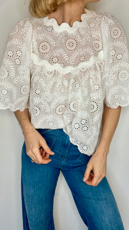 *PRE-ORDER* Ric Rac Floral Broderie Cotton Top - White