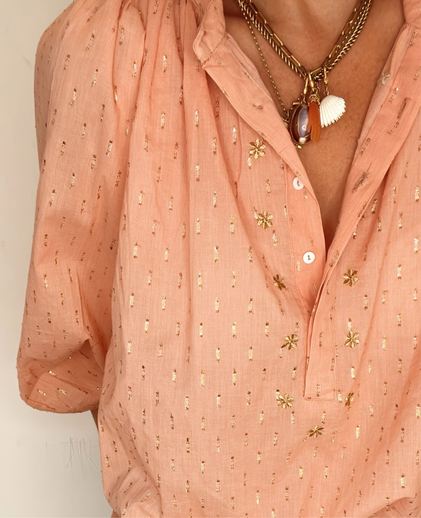 Calamine Half Placket Cotton & Metallic Spot Pop-Over Top - Plaster