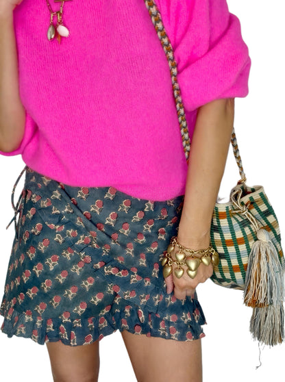 Tabby Frilly Edge Cotton Wrap Mini Skirt - Deep Teal Print