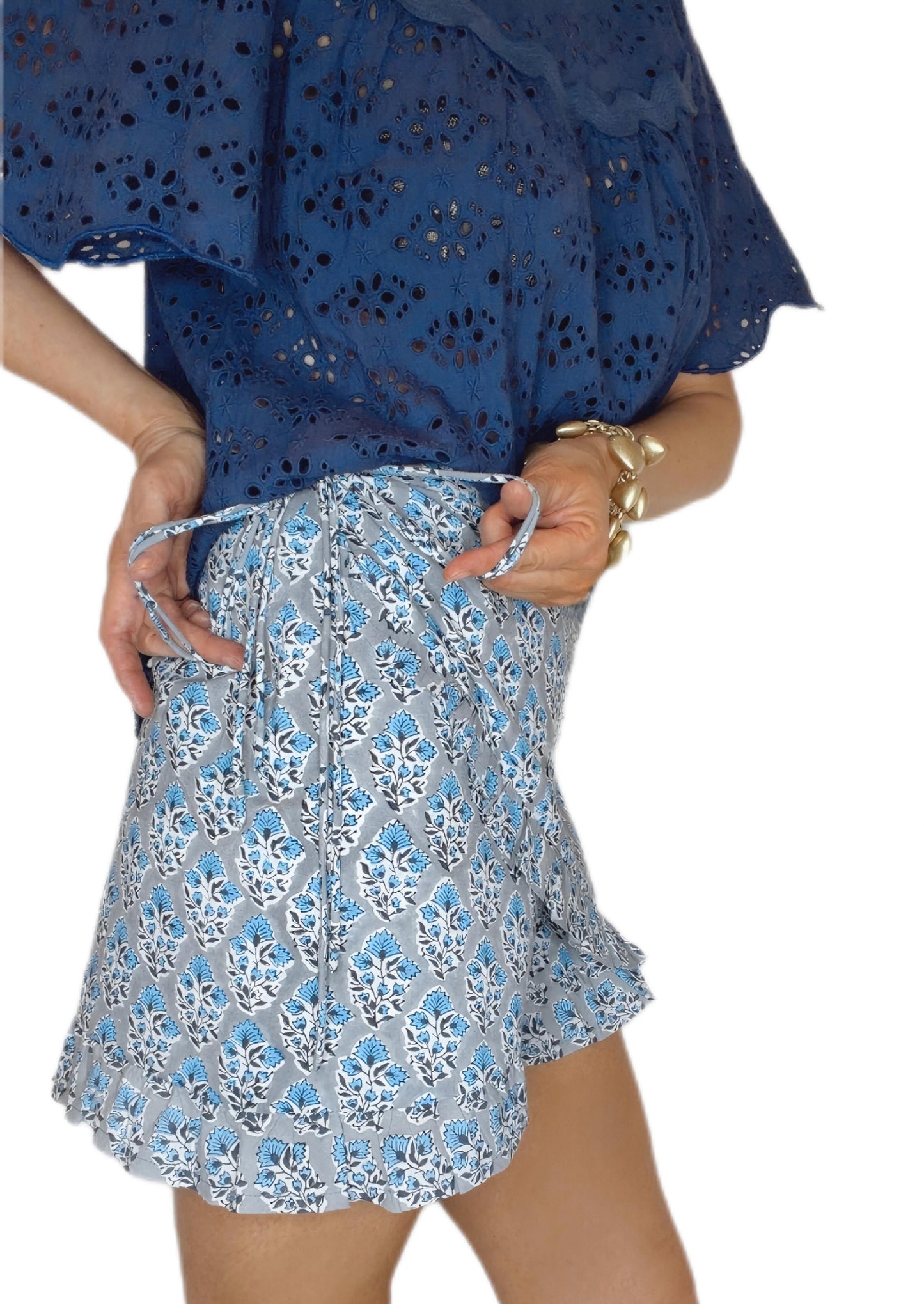Sienna Frilly Edge Cotton Wrap Mini Skirt - Dusty Blue Green