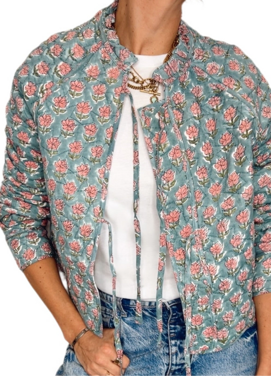 Thea Printed Cotton Quilted Jacket - Denim Blue & Pink