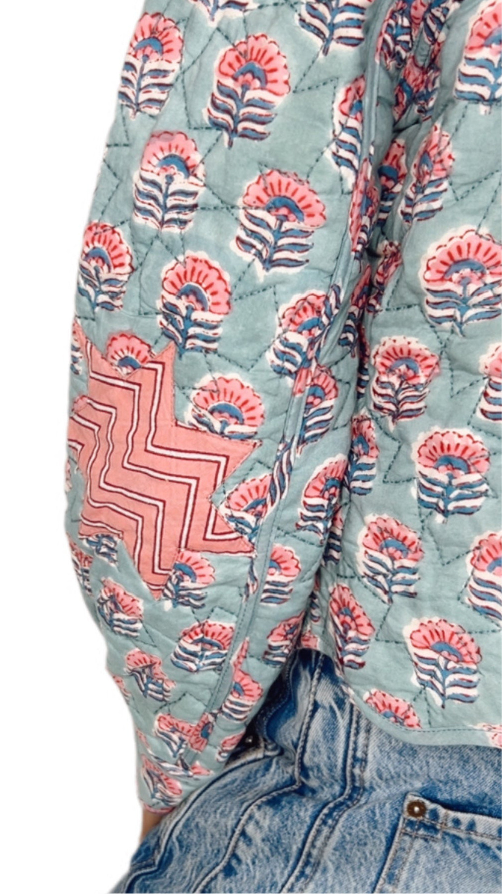 Minty Printed Cotton Quilted Jacket - Soft Mint & Pink