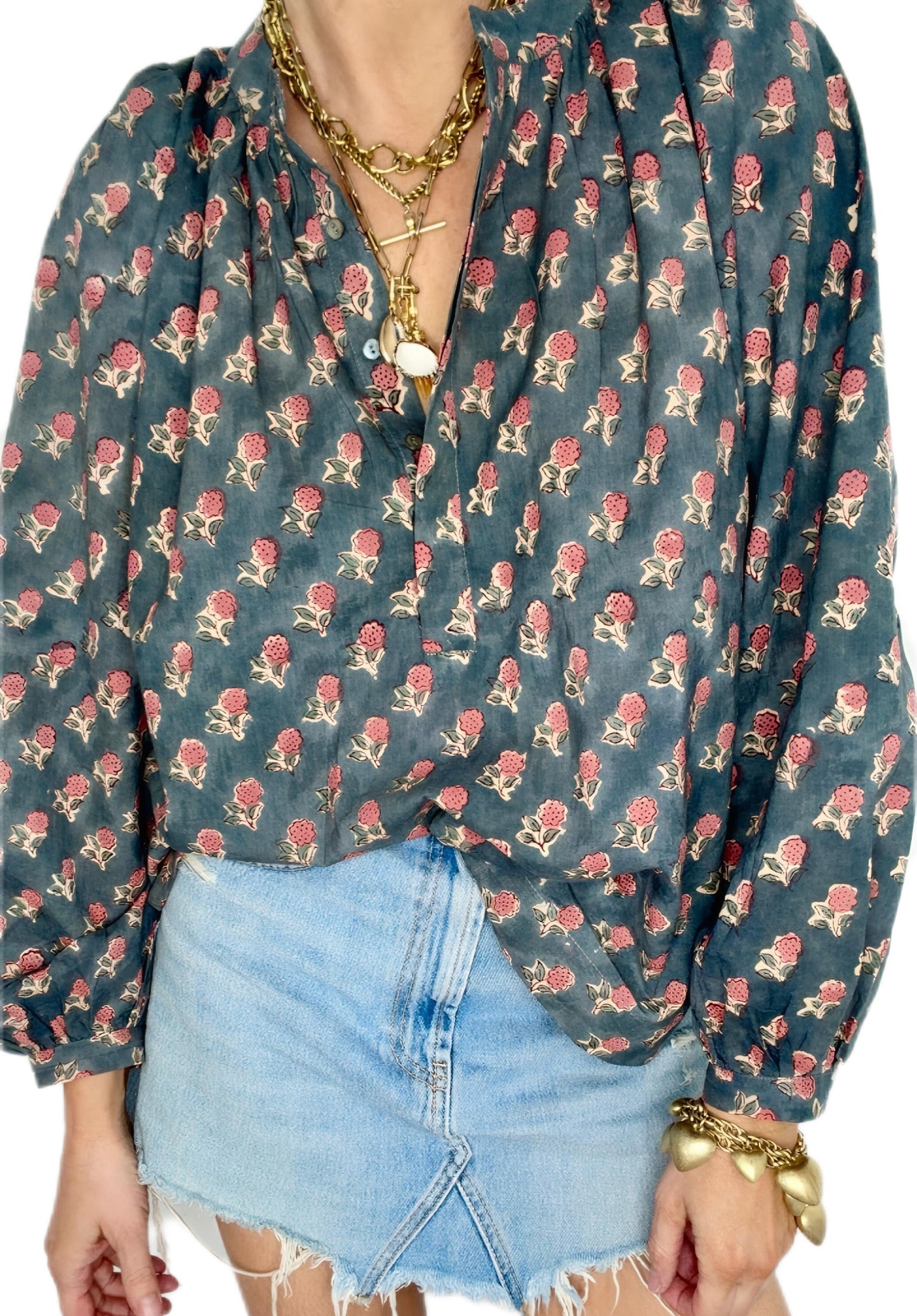 Tabby Half Placket Organic Cotton Pop-Over Top - Washed Teal Print