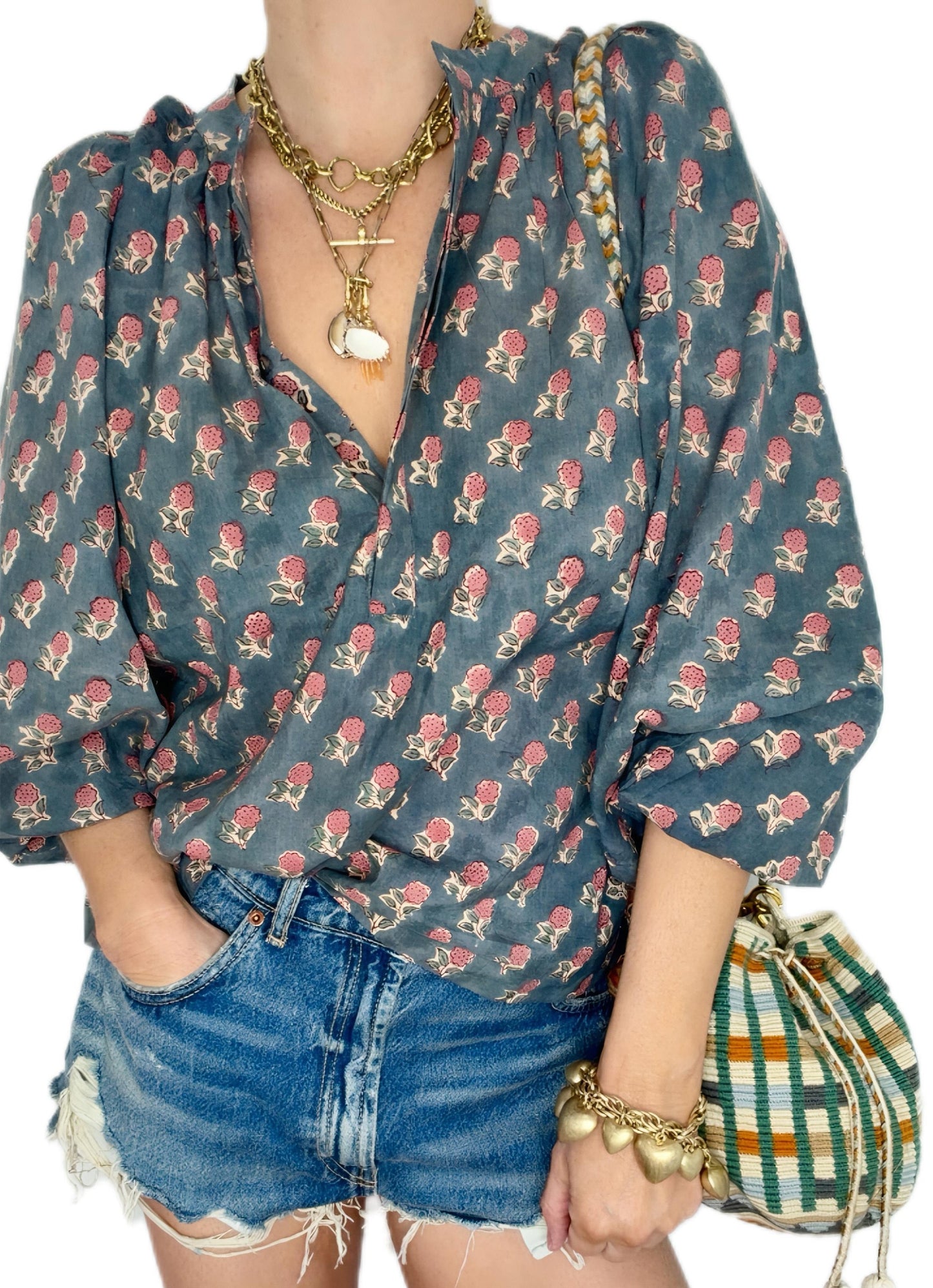 Tabby Half Placket Organic Cotton Pop-Over Top - Washed Teal Print
