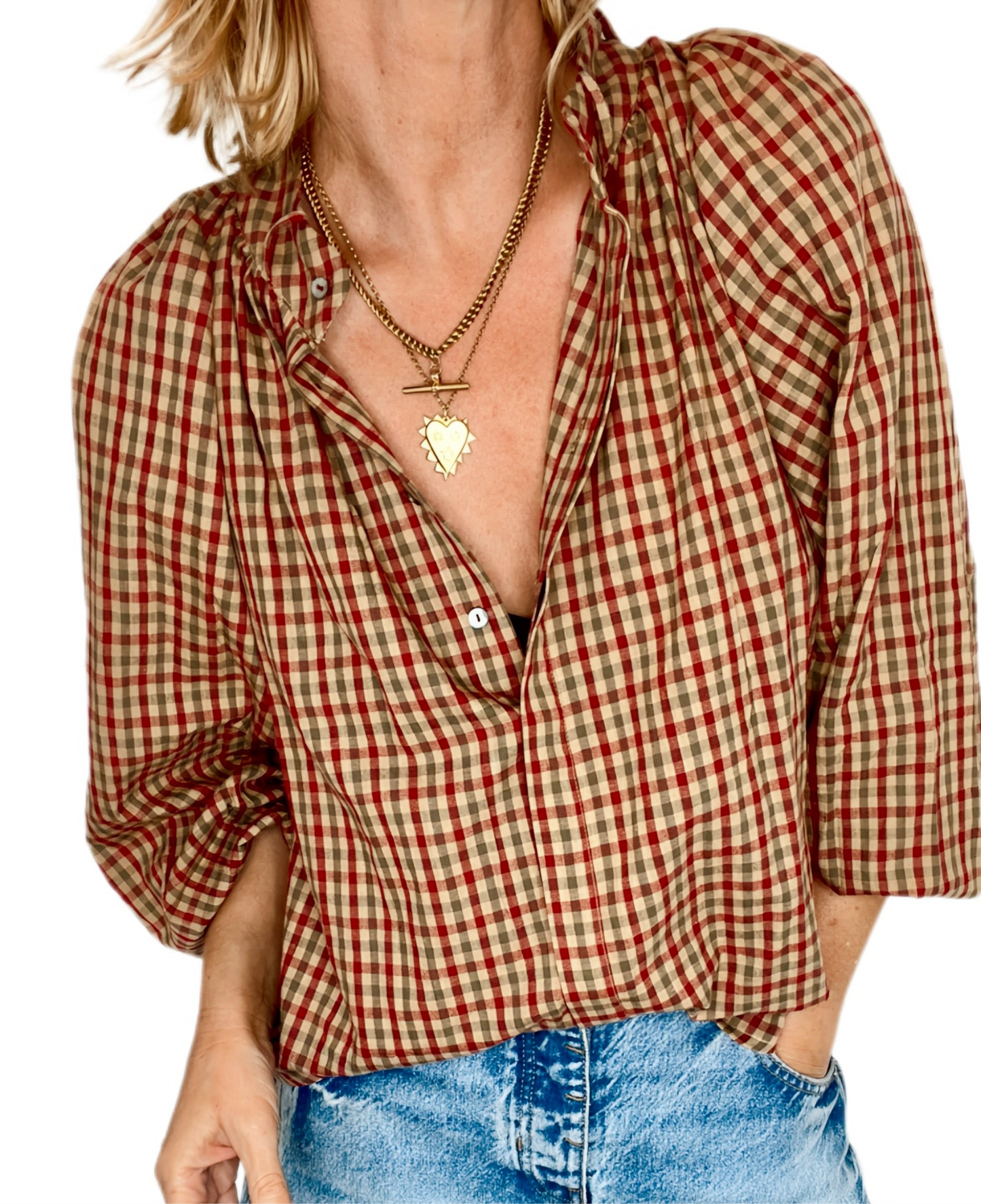 Autumn Gingham Detachable Tie Neck Cotton Shirt - Merlot Multi