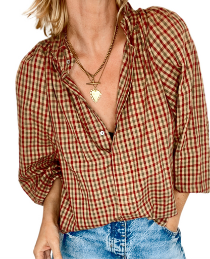 Autumn Gingham Detachable Tie Neck Cotton Shirt - Merlot Multi