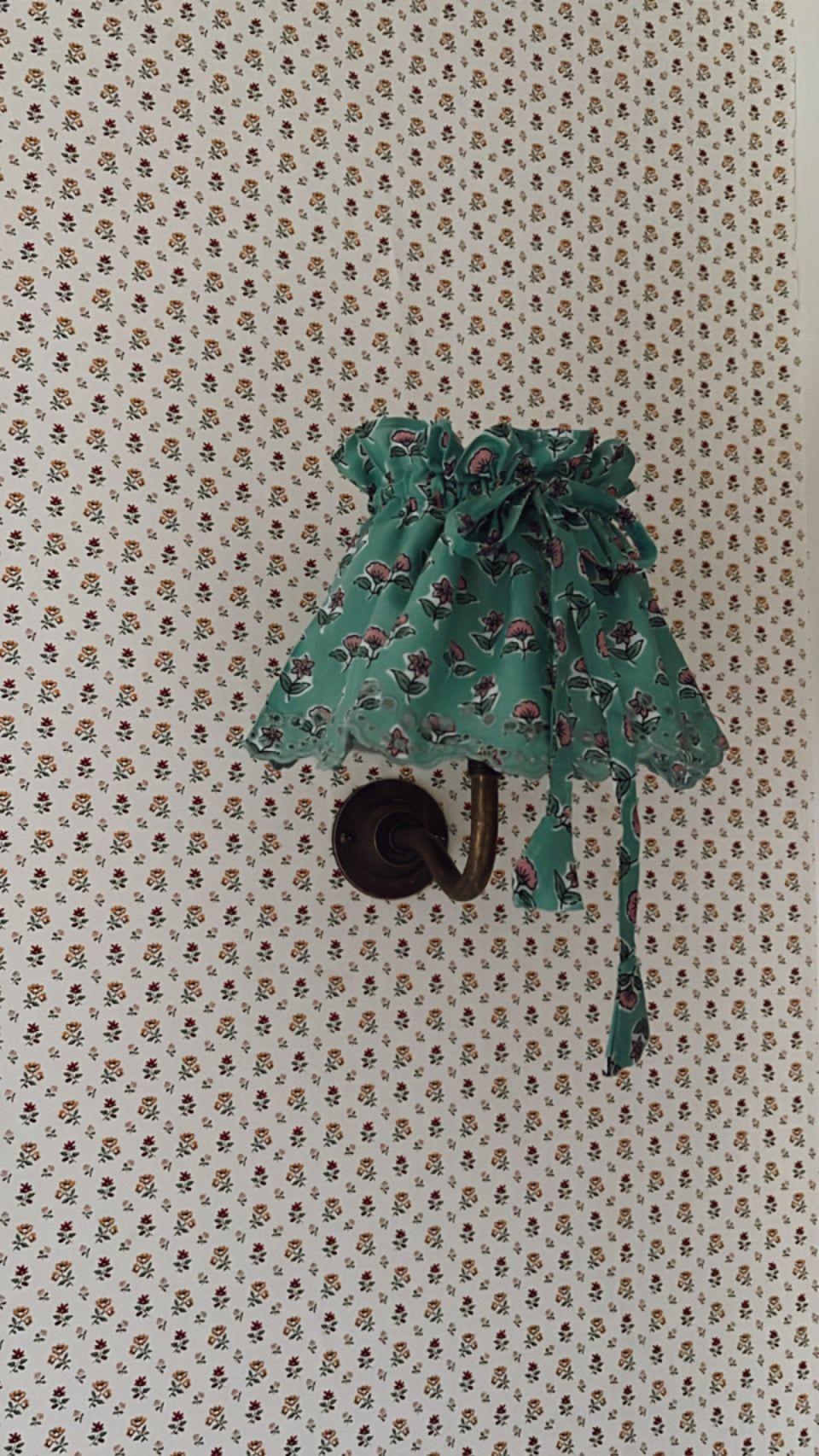 Small Adjustable Broderie Trim Fabric Lampshade Cover - Jade Green & Pink Floral