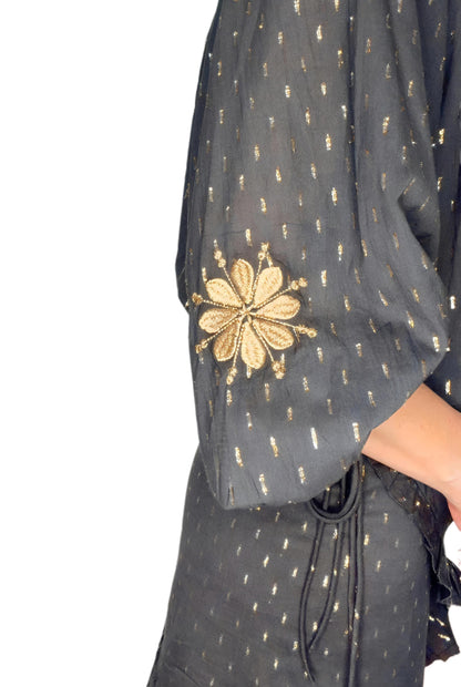 Goldie Metallic Spot Half Placket Cotton Pop-Over Top - Deep Indigo