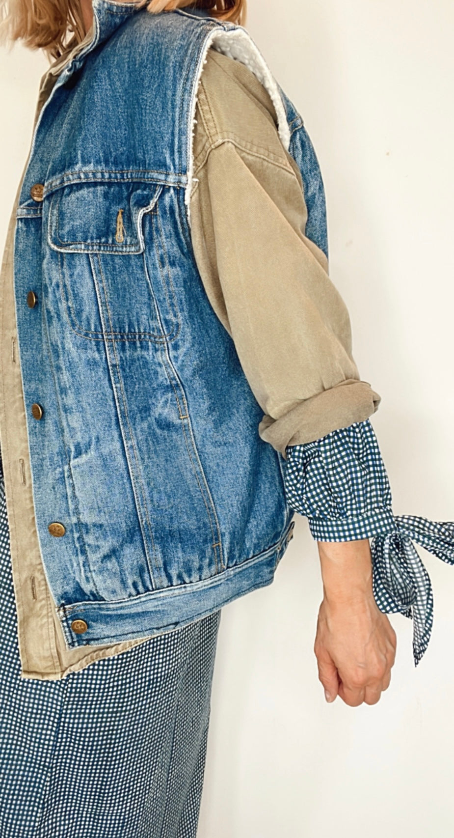 Gigi Bow Cuff Cotton Gingham Block Printed Jumpsuit - Navy Blue Print