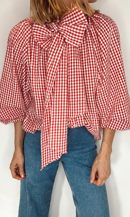 Cherry Gingham Tie Neck Cotton Shirt - Cherry Red & White