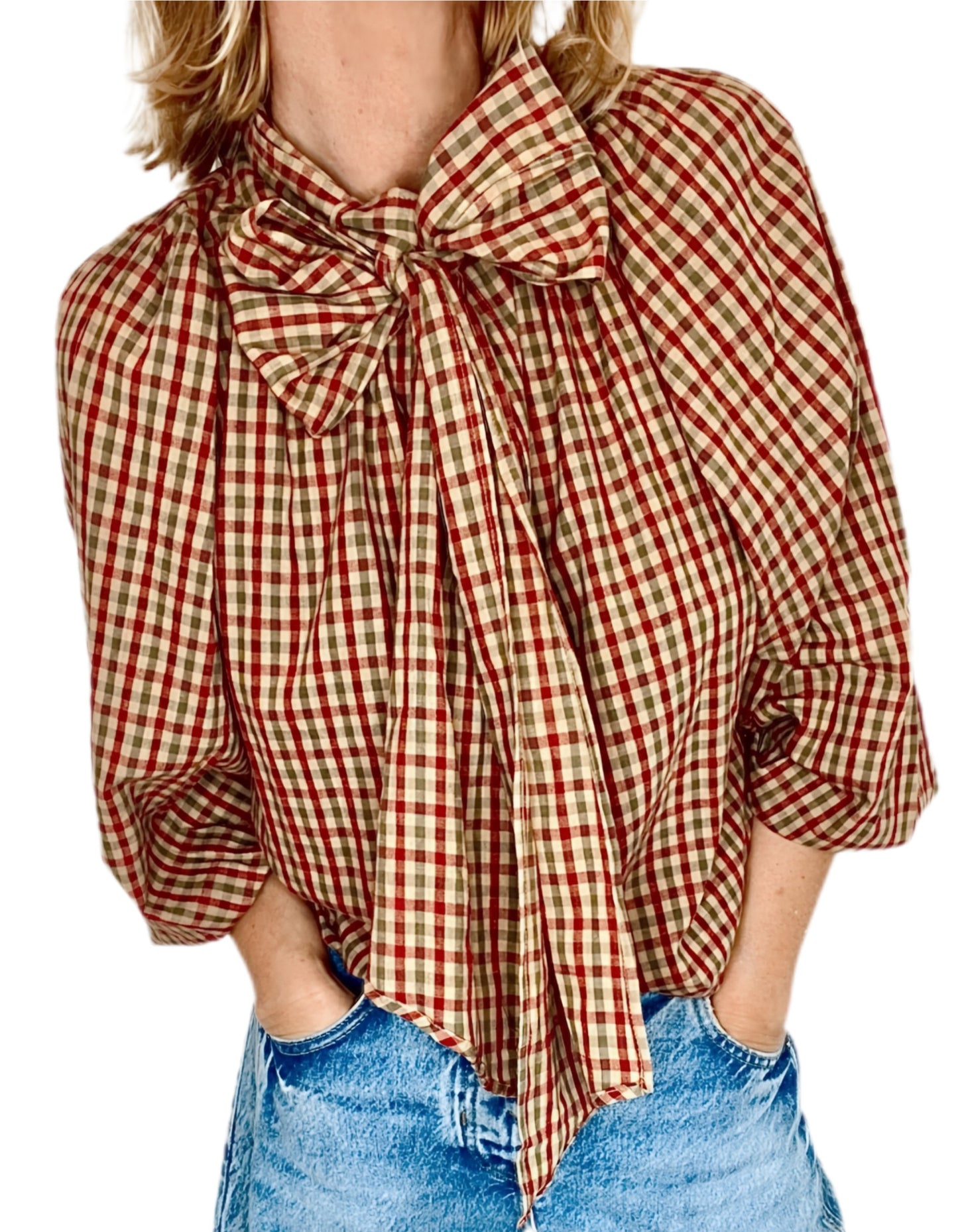 Autumn Gingham Detachable Tie Neck Cotton Shirt - Merlot Multi