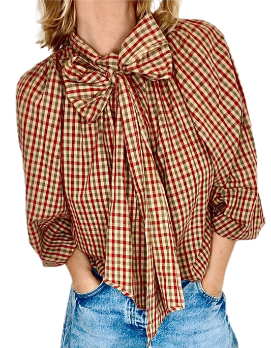 Autumn Gingham Detachable Tie Neck Cotton Shirt - Merlot Multi