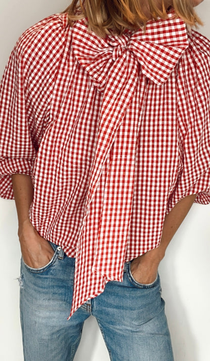 Cherry Gingham Tie Neck Cotton Shirt - Cherry Red & White