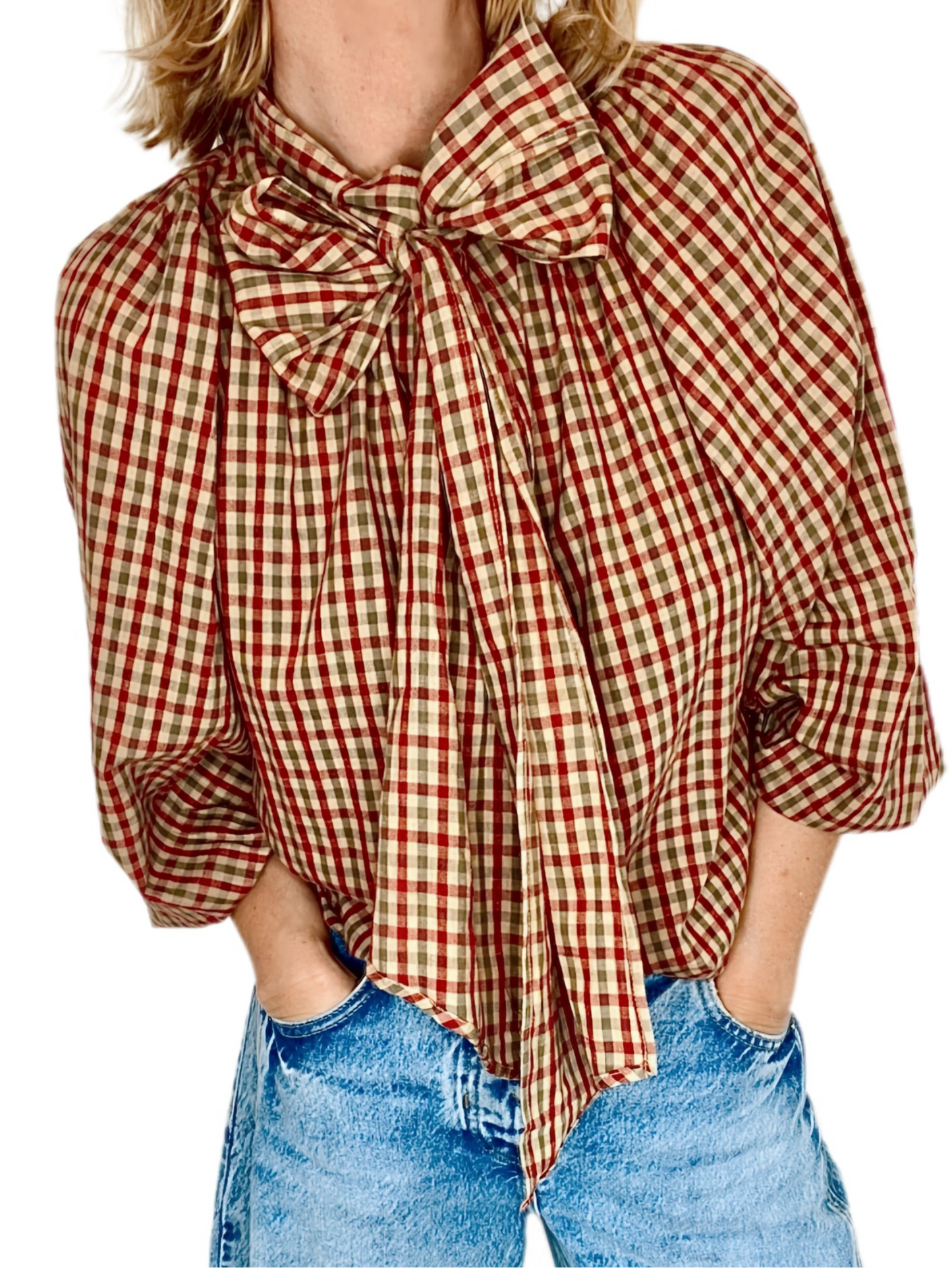 Autumn Gingham Detachable Tie Neck Cotton Shirt - Merlot Multi