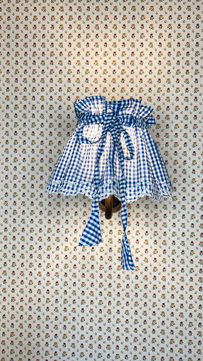 Small Adjustable Broderie Trim Fabric Lampshade Cover - Blue & White Gingham