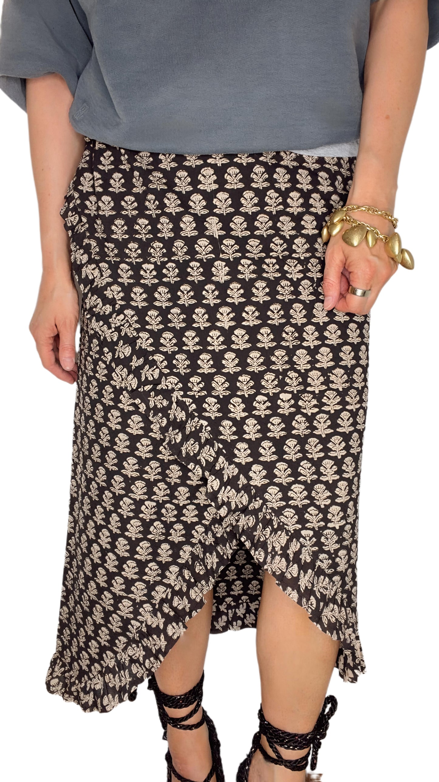 Jet Frilly Edge Cotton Wrap MIDI Skirt - Jet Black